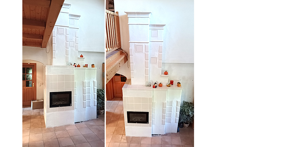 Kachelofen antik weiß, mineralischer Putz, black out sicher